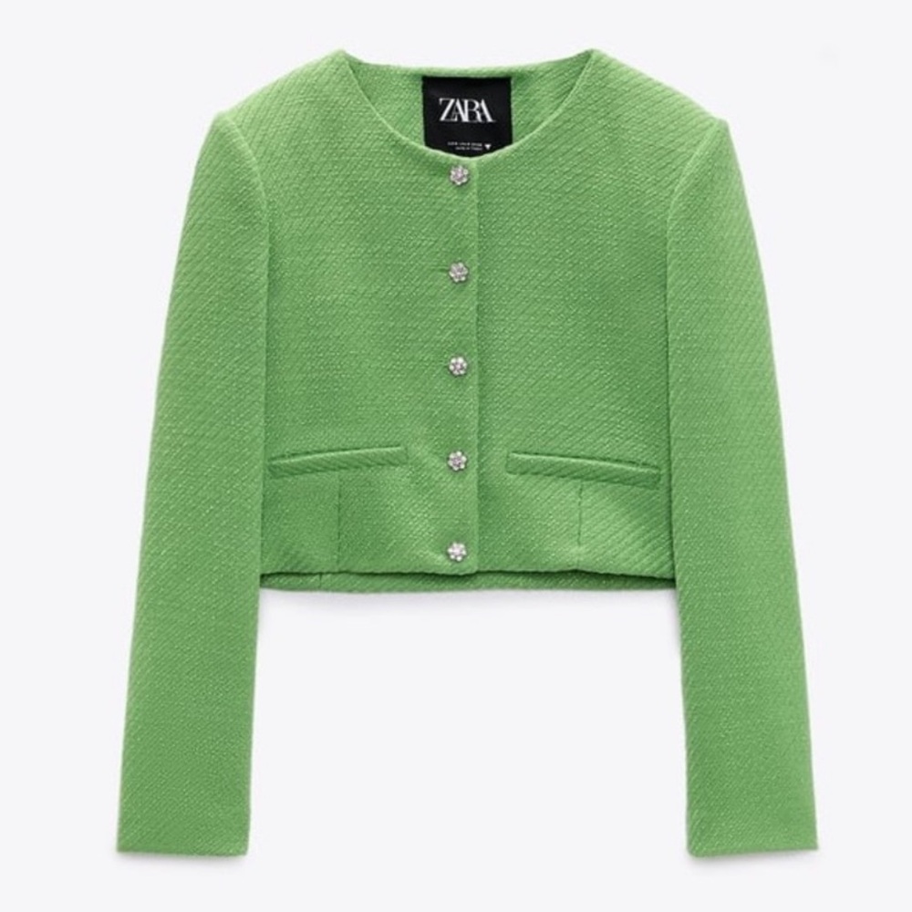 ZARA | CROPPED LIME GREEN TWEED BLAZER JACKET RHINESTONE BUTTON SIZE SMALL
